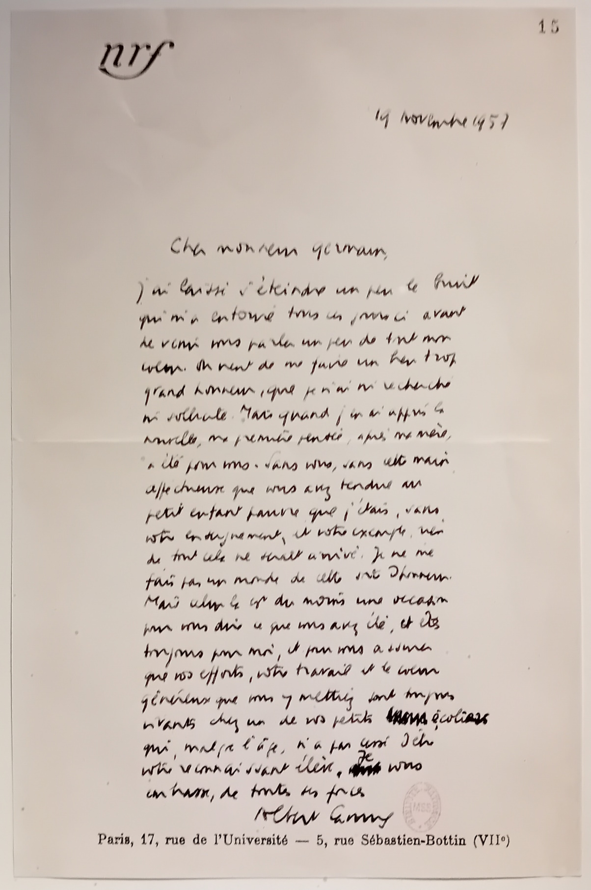 Lettre de remerciement d'Albert Camus à son ancien instituteur Louis Germain (1957)