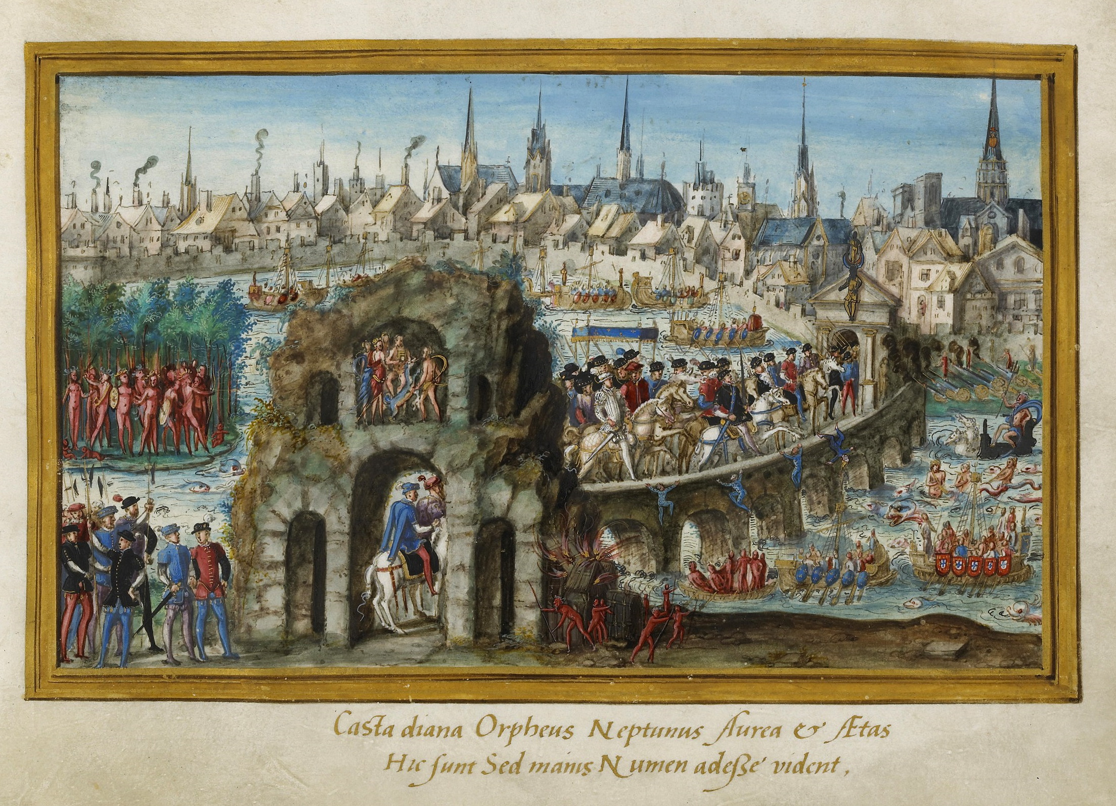 Entrée du roi Henri II à Rouen, le 1er octobre 1550. Fête brésilienne et Triomphe de la rivière (manuscrit de la bibliothèque de Rouen).