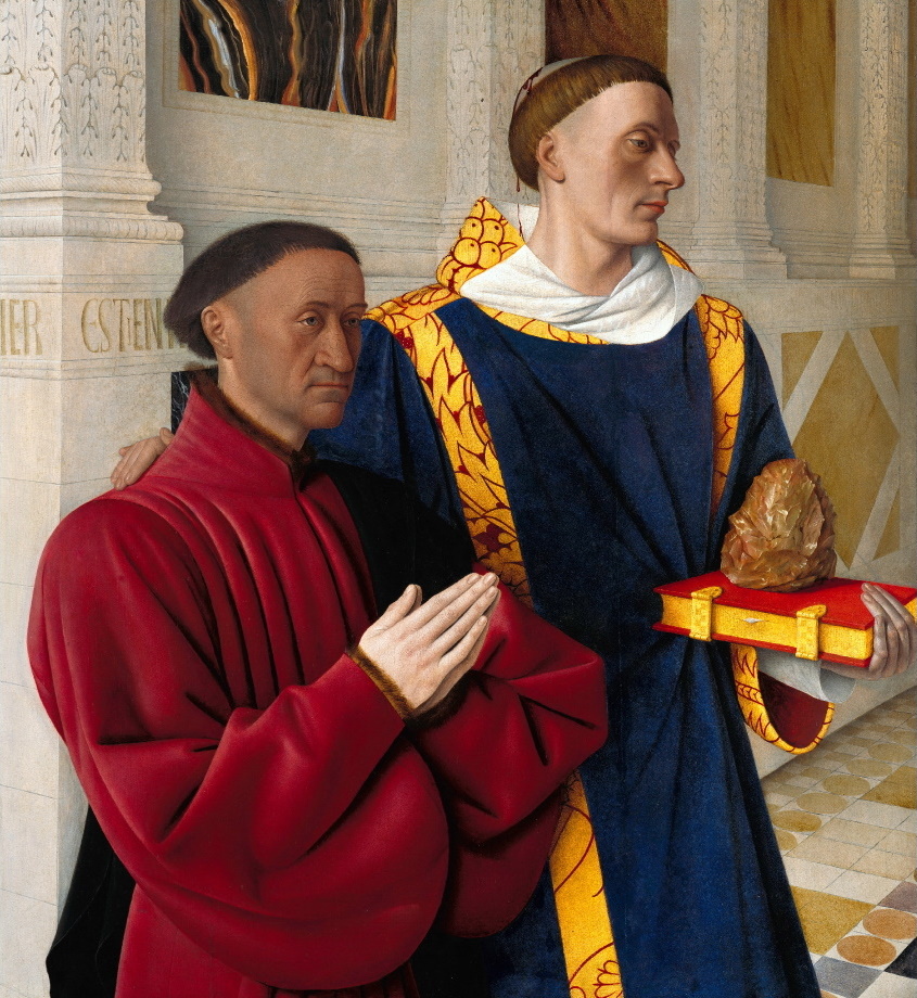 Le Diptyque de Melun (1456, Jean Fouquet), volet de gauche : le donateur Étienne Chevalier et son protecteur saint Étienne (Gemäldegalerie, Berlin)
