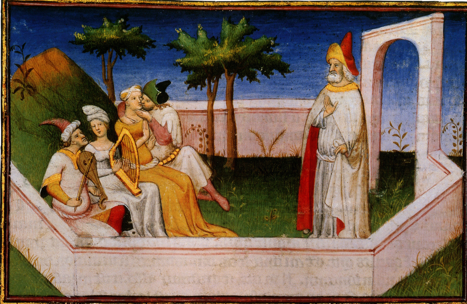 Marco Polo (Le Livre des Merveilles, 1413, folio 16v) ; Marco Polo évoque l'histoire du Vieux de la Montagne, chef de la secte des Assassins