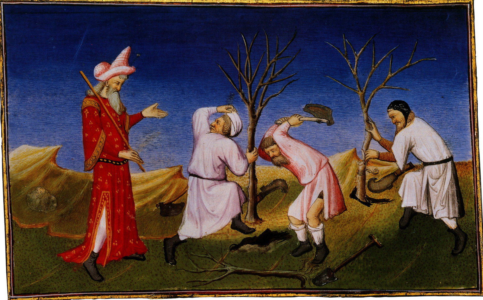 Marco Polo, le Livre des merveilles (1413, folio 47v) : Kubilai visite des ouvriers qui plantent des arbres le long des routes