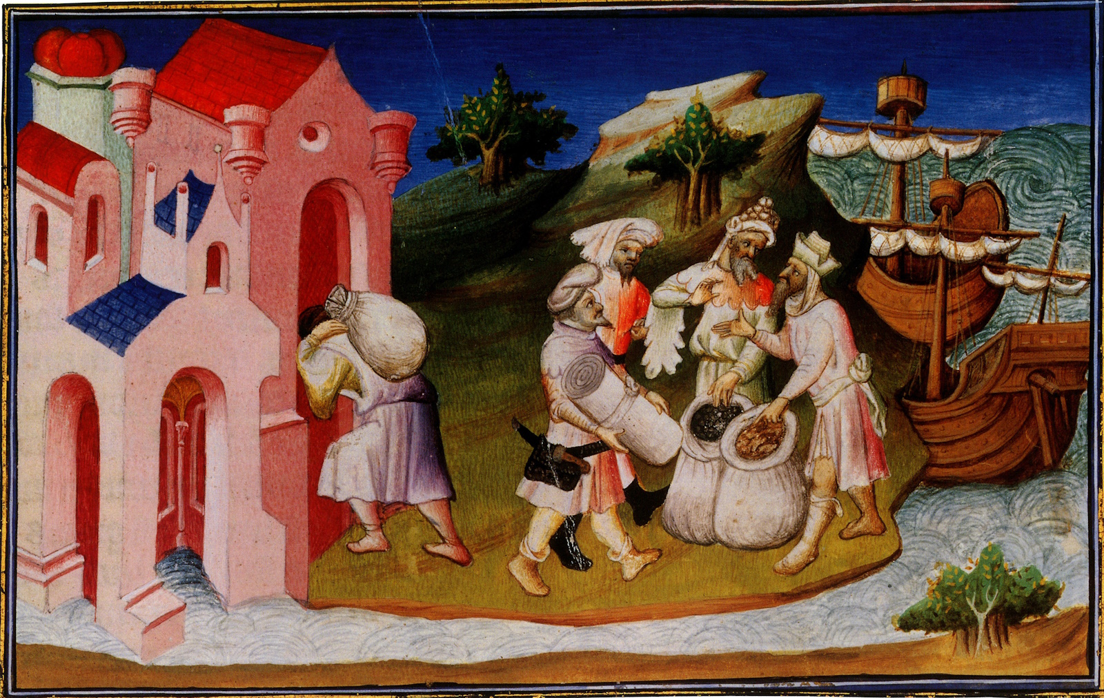 Marco Polo, Le Livre des Merveilles (1413, folio 51) : Marco Polo décrit le commerce sur les bords du Caramoran (fleuve Jaune)