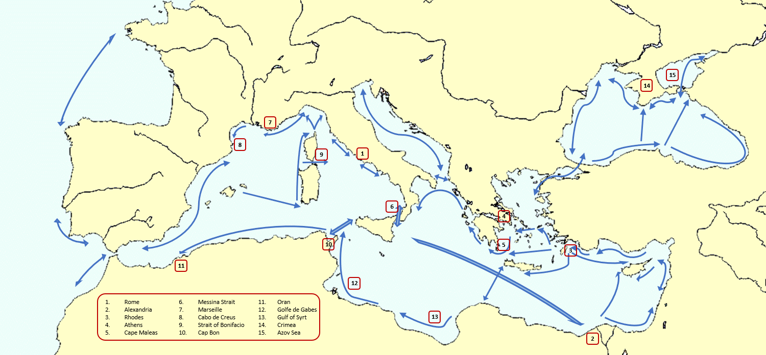Principales routes de navigation en Méditerranée à l'époque romaine (carte : Arthur De Graauw)