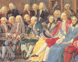 Le salon de Mme Geoffrin (assise &agrave; droite, en robe grise), par Lemonnier (mus&eacute;e de la Malmaison, Rueil-Malmaison)