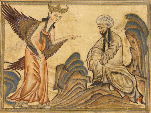 L'ange Gabriel et Mahomet dans la grotte de la R&eacute;v&eacute;lation (miniature persane tir&eacute;e du Jami' al-Tawarikh - Histoire du Monde - de Rashid al-Din, Tabriz, 1307)